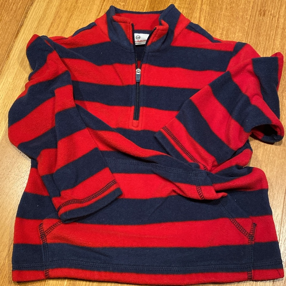 Hanna Anderson 1/4 Zip Red Blue Striped Fleece Sz 100 or US 5 EUC